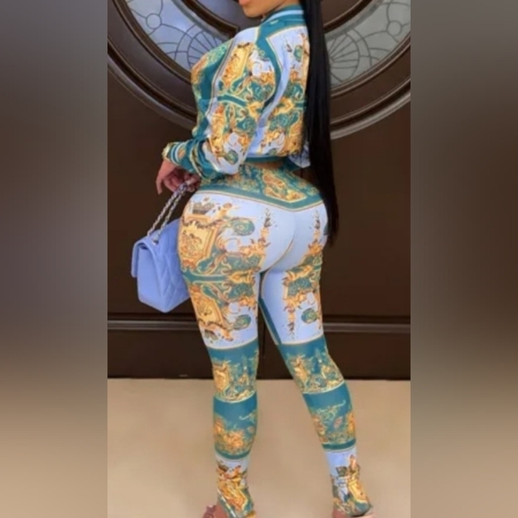 NWT Green Casual Print Long Sleeve Two Pieces Set - Picture 2 of 3